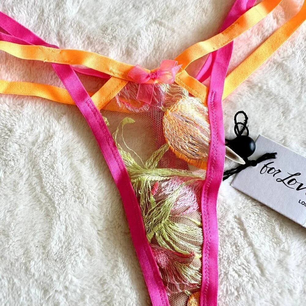 NWT For Love & Lemons Tulip Neon Embroidery Thong Panty - XXS